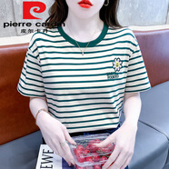 皮爾卡丹（pierre cardin）綠色條紋純.棉正肩短袖t恤歐上衣2025新款刺繡寬松通勤女裝體.恤 綠色今年流行的輕奢品牌 S (建議80-95斤)