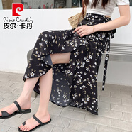 皮爾卡丹（pierre cardin）一片式雪紡半身裙女夏季2025新款高腰系帶碎花長(zhǎng)裙子度假開(kāi)叉裹裙 黑色碎花 8290#黑色碎花 2XL 建議130-140斤