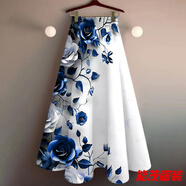 萱眸女裝半身裙中長(cháng)裙2025洋氣新款印花大擺裙顯瘦垂感遮肉過(guò)膝高腰裙 藍色 BW136 2XL 建議體重：115-130
