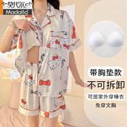 莫代爾冰絲睡衣女夏季短袖新款HELLOKITTY凱蒂貓加大碼綢帶胸墊家居服 QY-68005 L
