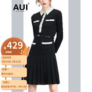 AUI百褶連衣裙女2024早春新款歐美風(fēng)黑色設計感輕熟氣質(zhì)中長(cháng)款A字裙 黑色 S