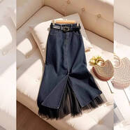 S.SOFEA春季新款韓版高腰顯瘦牛仔裙拼接網(wǎng)紗開(kāi)叉半身裙 半身裙 【高品質(zhì)】 S 建議【80-90】