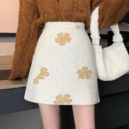 FSHE刺繡毛呢半身裙女秋冬女2024歐貨高腰包臀小個(gè)子A字甜酷短裙 杏色 S