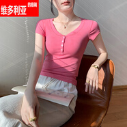 維多利亞的格調夏季短袖T恤女修身上衣2025新款洋氣設計感體恤小衫涼感衣服 粉紅 S 【適合95斤以下】