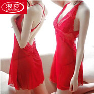 浪莎（LangSha）同款帶胸墊性感蕾絲吊帶睡裙睡袍女25年新款夏季純欲心機套裝絲絨 69大紅帶胸墊 2XL 【130-140斤】