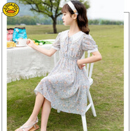 G.DUCKKIDS小黃鴨女童連衣裙夏款娃娃領(lǐng)公主裙新款中大兒童洋氣淑女短袖碎花 藍(lán)色 130 cm