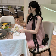 FSHE度假風(fēng)系帶掛脖連衣裙女夏季生日小禮裙氣質(zhì)甜美公主裙雪紡短裙子 圖片色粉黑(短款) M 建議(90-110斤)