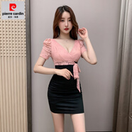 皮爾卡丹（pierre cardin）25春夏季新款性感蕾絲V領職業(yè)套裝連衣裙低胸氣質(zhì)包臀裙假兩件套 粉紅色 XL