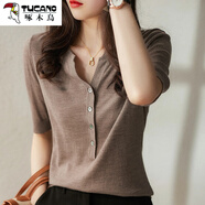 啄木鳥(niǎo)（TUCANO）V領(lǐng)中袖針織衫上衣新款韓國文藝氣質(zhì)打底薄款修身短袖顯瘦半袖t 燕麥色 S