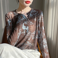 帝旗狼2025夏季薄款水墨天絲針織長(cháng)袖T恤女套頭打底衫寬松圓領(lǐng)內搭上衣 森林小鹿 JXSDY-TMPA62 L