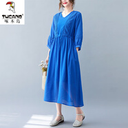 啄木鳥(niǎo)文藝天絲苧麻V領(lǐng)連衣裙女夏季新款寬松顯瘦減齡亞麻蕾絲大擺長(cháng)裙 寶藍色 2XL 【建議145-160斤】