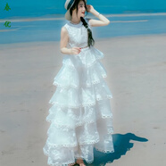 芭瑾圖歐根紗蕾絲刺繡鏤空連衣裙女學(xué)生夏季仙氣蓬蓬蛋糕裙度假長(zhǎng)裙仙女 白色 S