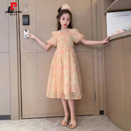 皮爾卡丹（pierre cardin）【碎花甜美】女童連衣裙女孩韓系童裝2025夏裝新款兒童公主裙雪紡 泡泡袖連衣裙 140 建議身高130cm左右