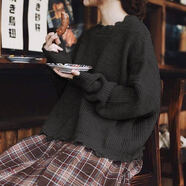 單南衛(wèi)小清新日系女裝森系毛衣女秋冬甜美可愛文藝復(fù)古寬松慵懶風(fēng)上衣 黑 上衣(加的) 厚款 M (店鋪 小禮物)