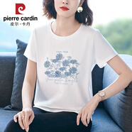 皮爾卡丹（pierre cardin）純綿重工刺繡花t恤女夏新款大碼寬松洋氣中年媽媽裝短袖襯衫體恤 白色 XL 建議106-116斤