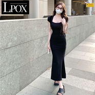 LPOX裙子女連衣裙女2025年夏季新款修身收腰設(shè)計(jì)感魚尾包臀短袖連衣裙 黑色 S