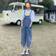 濮水方方牛仔背帶褲女韓版寬松休閑九分闊腿褲子 牛仔藍(lán)5688# S 建議80-95斤