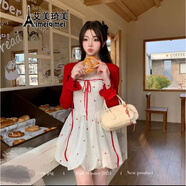 艾美琦美（AIMEIQIMEI）松風(fēng)茶韻2025新款夏季甜美連衣裙套裝小個子紅色開衫裙子女夏天 短裙 L