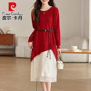 皮爾卡丹（pierre cardin）2025新款新年紅色連衣裙女春秋蕾絲下擺過膝長(zhǎng)裙搭配上衣內(nèi)搭毛衣 紅色 M 建議95-110斤