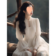 FHHUABD泡泡袖雪紡蕾絲連衣裙秋季新款精致溫柔氣質(zhì)法式絕美裙子 白色 【裙長(cháng)118左右】 S