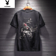 花花公子夏季刺繡T恤男半袖寬松國潮牌薄款短袖鳳凰繡花休閑 黑色 3XL