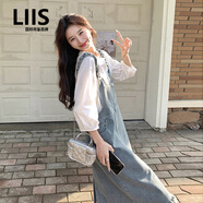 LIIS海外高端品牌獨(dú)特絕美牛仔背帶連衣裙女夏季2025超火減齡遮肚顯瘦 白色T恤+背帶裙 九分袖版 XS 80-95斤