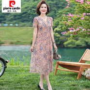 皮爾卡丹時(shí)尚高貴媽媽裝歐根紗連衣裙夏新款中年女裝氣質(zhì)碎花裙子遮肉顯瘦 杏色 2XL 建議108-120斤