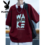 花花公子（PLAYBOY）酒紅色潮牌t恤男重磅純棉短袖冰感美式高街動(dòng)漫夏季冰絲半袖體恤 酒紅WAK 小落肩高品質(zhì) XL 125-145斤