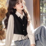 HUALIN FASHION黑色拼接假兩件襯衫女新款設(shè)計感小眾通勤減齡上衣 黑色 假兩件套 S 建議80-95斤
