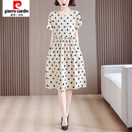 皮爾卡丹（pierre cardin）波點棉綢連衣裙女夏季時尚外穿洋氣綁帶收腰寬松遮肚短袖過膝裙子 珍珠奶茶 M 【100斤以內】