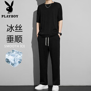 花花公子（PLAYBOY）冰絲運(yùn)動(dòng)套裝男夏季薄款2025新款休閑長(zhǎng)褲子短袖t恤速干衣服一套 黑色【A01冰絲套裝】 3XL 【體重150-170斤】