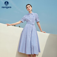 Navigare意大利小帆船女X版短袖連衣裙通勤條紋襯衫裙2322875515 藍(lán) L 