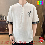 華天牧胖子大碼中式亞麻短袖t恤男復(fù)古漢服棉麻刺繡中國風(fēng)寬松大碼五分 白色 L 建議100-120斤 可穿