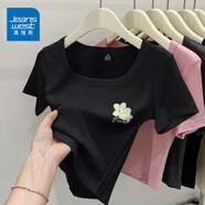 真維斯（Jeanswest）簡(jiǎn)約風(fēng)t恤女夏季韓版緊身顯瘦方領(lǐng)短款短袖女裝休閑百搭半袖小衫 黑色 綠色花花白_K M