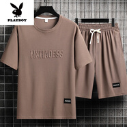 花花公子（PLAYBOY）男士夏季套裝青少年短袖t恤薄款冰絲兩件套休閑運(yùn)動(dòng)服五分短褲子 套裝-TZ829咖啡【上衣+褲子】 M 建議90-110斤