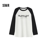 森馬長(cháng)袖T恤女中長(cháng)款印花插肩袖拼色春裝趣味寬松圖案打底衫小眾 白黑色調00319 S