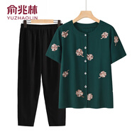 俞兆林中老年女裝媽媽裝薄款套裝女短袖開(kāi)衫奶奶裝夏裝衣服新款 墨綠色上衣+黑色長(cháng)褲 3XL (建議120-135斤)