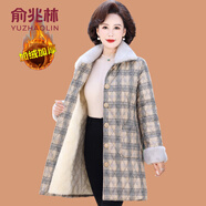 俞兆林（YUZHAOLIN）媽媽冬裝外套中長(zhǎng)款棉大衣大碼中老年女加絨加厚棉襖保暖棉服 329-米色格 XL (參考90-105斤)