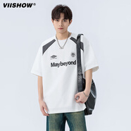 viishow圓領(lǐng)撞色重磅短袖T恤男款夏季美式潮牌球衣休閑半袖體恤 白色 XL