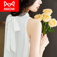 貓人（MiiOW）輕奢掛脖吊帶上衣女夏小眾后背蝴蝶結(jié)系帶無袖冰絲遮肚子背心 白色 M