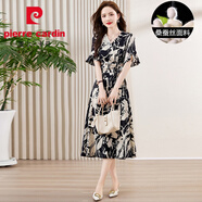皮爾卡丹（pierre cardin）高端真絲印花連衣裙女夏季新款氣質(zhì)高腰V領(lǐng)桑蠶絲短袖過(guò)膝長(cháng)裙子 黑白花 XL