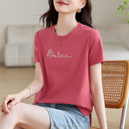 短袖女2025夏季修身顯瘦圓領(lǐng)正肩韓版繡花女士體恤上衣棉休閑t恤 柚紅色 XL 建議110-120斤
