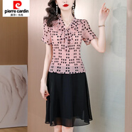 皮爾卡丹（pierre cardin）假兩件連衣裙女夏裝2025新款時(shí)尚小個(gè)子媽媽大碼顯瘦波點(diǎn)雪紡裙子 粉色 L 【建議90-100斤】