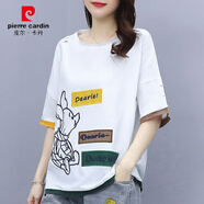 皮爾卡丹2025夏季新款文藝復(fù)古圓領(lǐng)t恤女韓版短袖寬松上衣破洞牛仔褲套裝 5042Y#白色 【單上衣】 XL 【建議110-125斤】