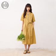 非魚非魚25夏季新款五分袖收腰連衣裙減齡氣質(zhì)文藝系帶女裙繡花裙子 卡其 L