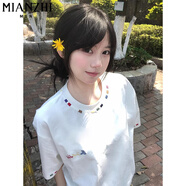 棉致重磅純棉圓領(lǐng)刺繡薄款短袖t恤女夏季2025新款寬松休閑半袖上衣 482白色【高品質(zhì)22.5】 L 100-115斤