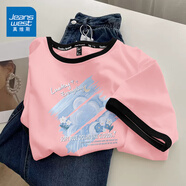 真維斯（JEANSWEST）短袖t恤女夏季新款純棉女裝上衣服撞色寬松ins風(fēng)小個(gè)子女生半袖衫 粉紅 柔軟的夢(mèng)境白 M