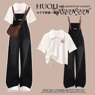 梓洛蘭ZiLuoLan套裝女學(xué)院風(fēng)夏季套裝女裝2025新款背帶褲減齡一整套穿搭 松墨黑背帶褲 E534# S 建議70-95斤