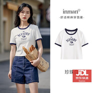 茵曼（INMAN）李一桐字母短款圓領(lǐng)短袖T恤女2024年夏季印花上衣 月牙白 均碼 xl