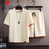 皮爾卡丹（pierre cardin）短袖t恤男士休閑套裝夏季薄款純棉潮流帥氣百搭冰絲體恤上衣短褲 米黃2341+米色813(一套) 4XL